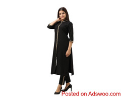 Women’s Cotton Solid Straight Kurta With Trouser Pant (Black)