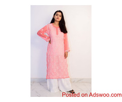 Buy Hand Embroidered Lucknowi Chikan Pink and White Georgette Kurti