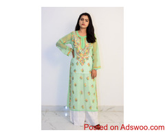 Buy Hand Embroidered Lucknowi Chikan Kurti With Palazzo Light Green