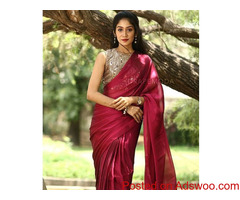 Magenta Red Saree With Gold Designer Blouse