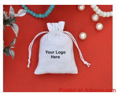Designer White Drawstring Bag, Personalized Logo Printed Wedding Favor Bags