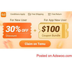 30% off at Temu or $100 coupon to Temu
