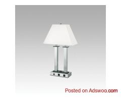 Twin Desk Lamp with USB & Dual Outlets – Brushed Nickel – Hospitality Bulk